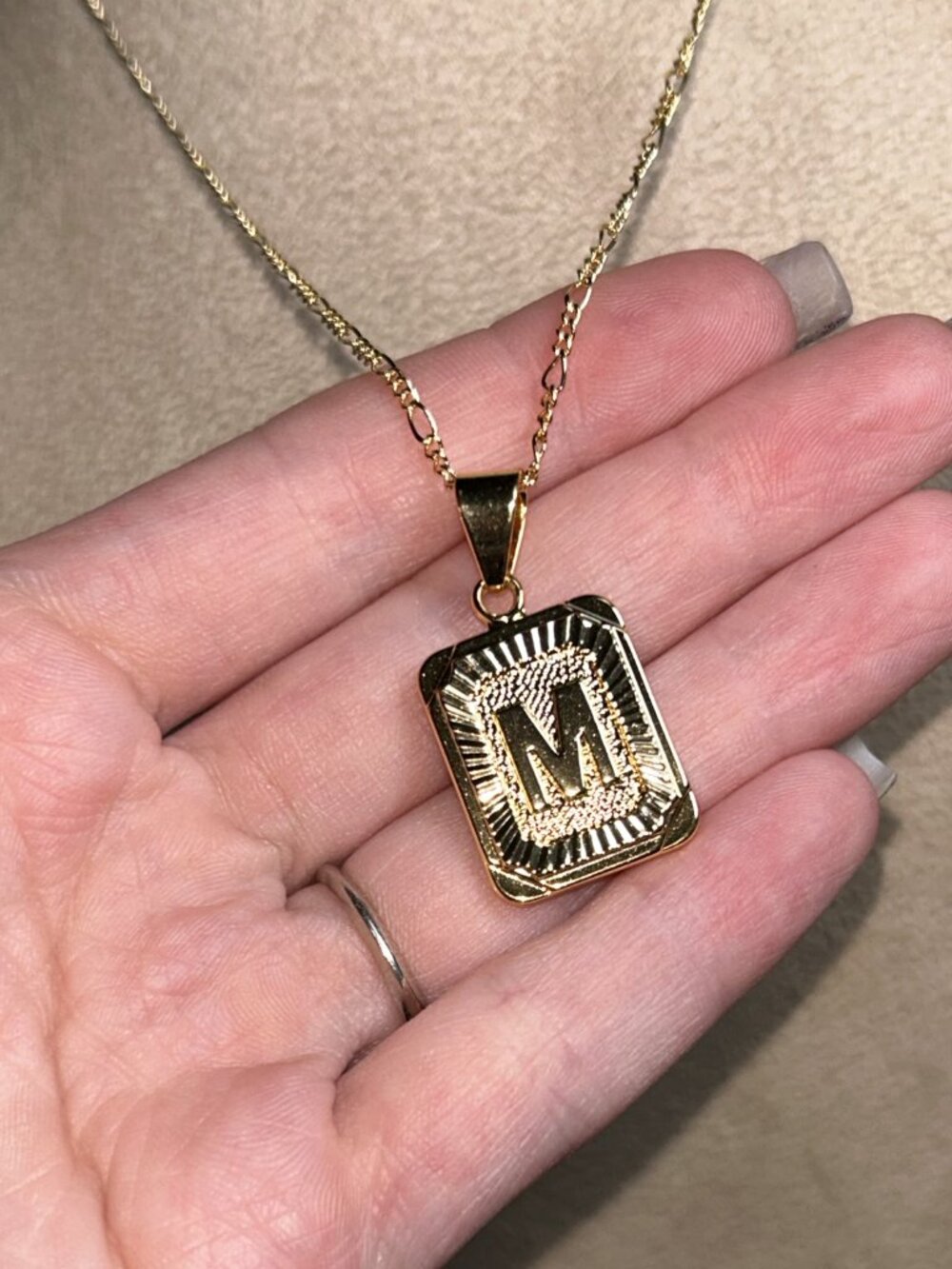 Bracha Gold Initial M Medallion Tag Pendant Necklace Figaro Chain